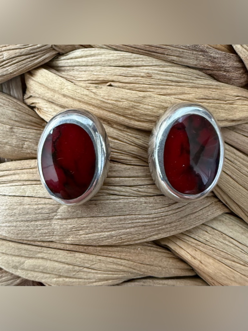 Sterling Silver Red Jasper Oval Stud Earrings